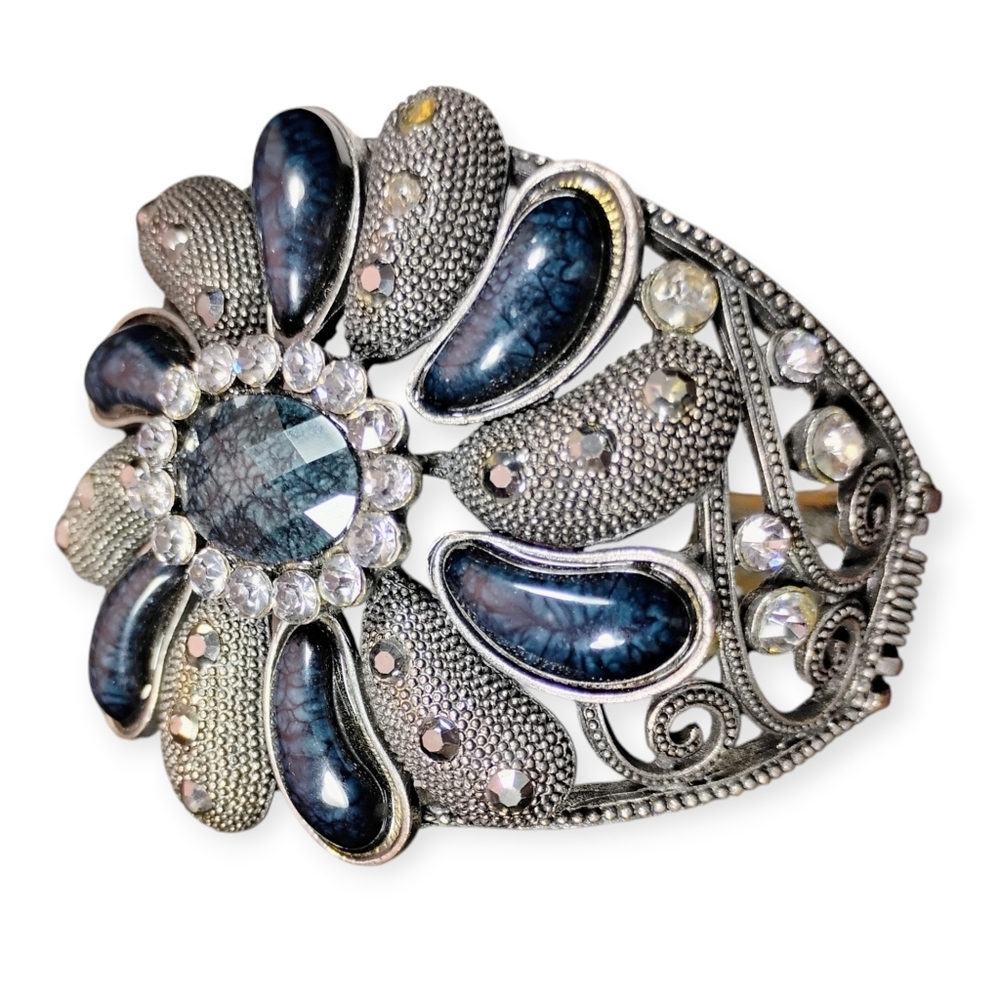 Vintage Silver Floral Cuff Bracelet Blue Cabochons - Picture 15 of 17